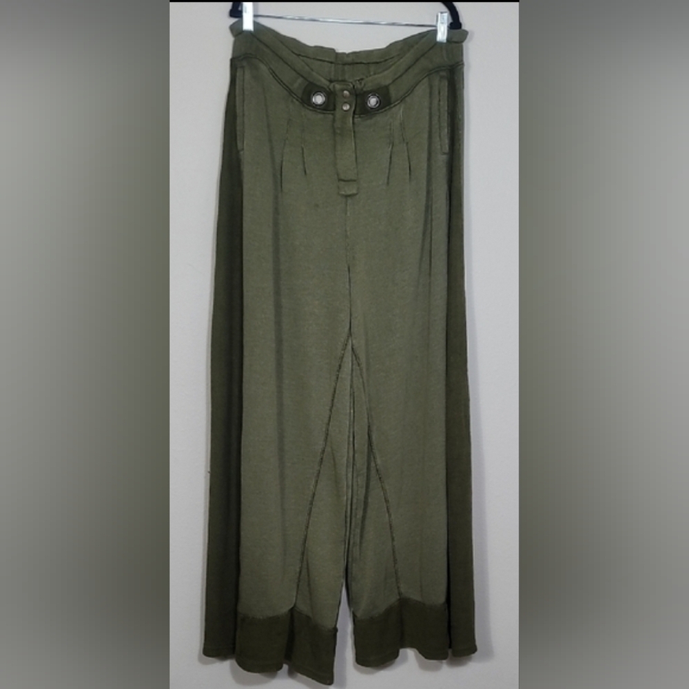 Free People Half Court Wide Leg Pants Size L Olive Green Pockets Boho Elastic - Picture 2 of 16